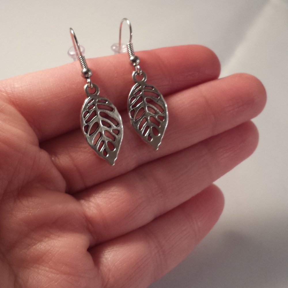 Silver Leaf Dangle Earrings Hypoallergenic Hooks!